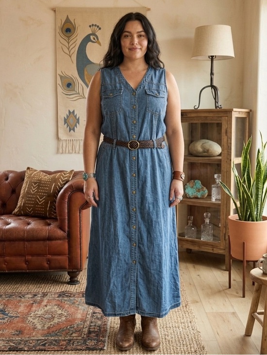 Ashley Stewart Dresses & Skirts - Ashley Stewart Denim Maxi Dress Size 16 NWT Bohemian Western Coastal Cowgirl